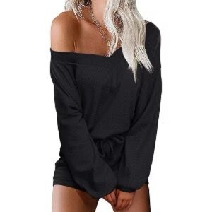 NWT Ekouaer black waffle knit long sleeve shorts v neck pajama loungewear set Lg